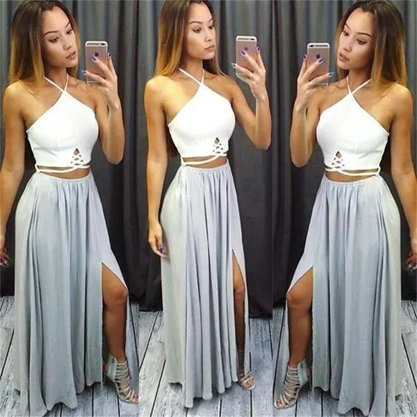 2 Pieces Popular Sexy Side Split Open Back Cheap Beach Long Prom Dresses, WG758