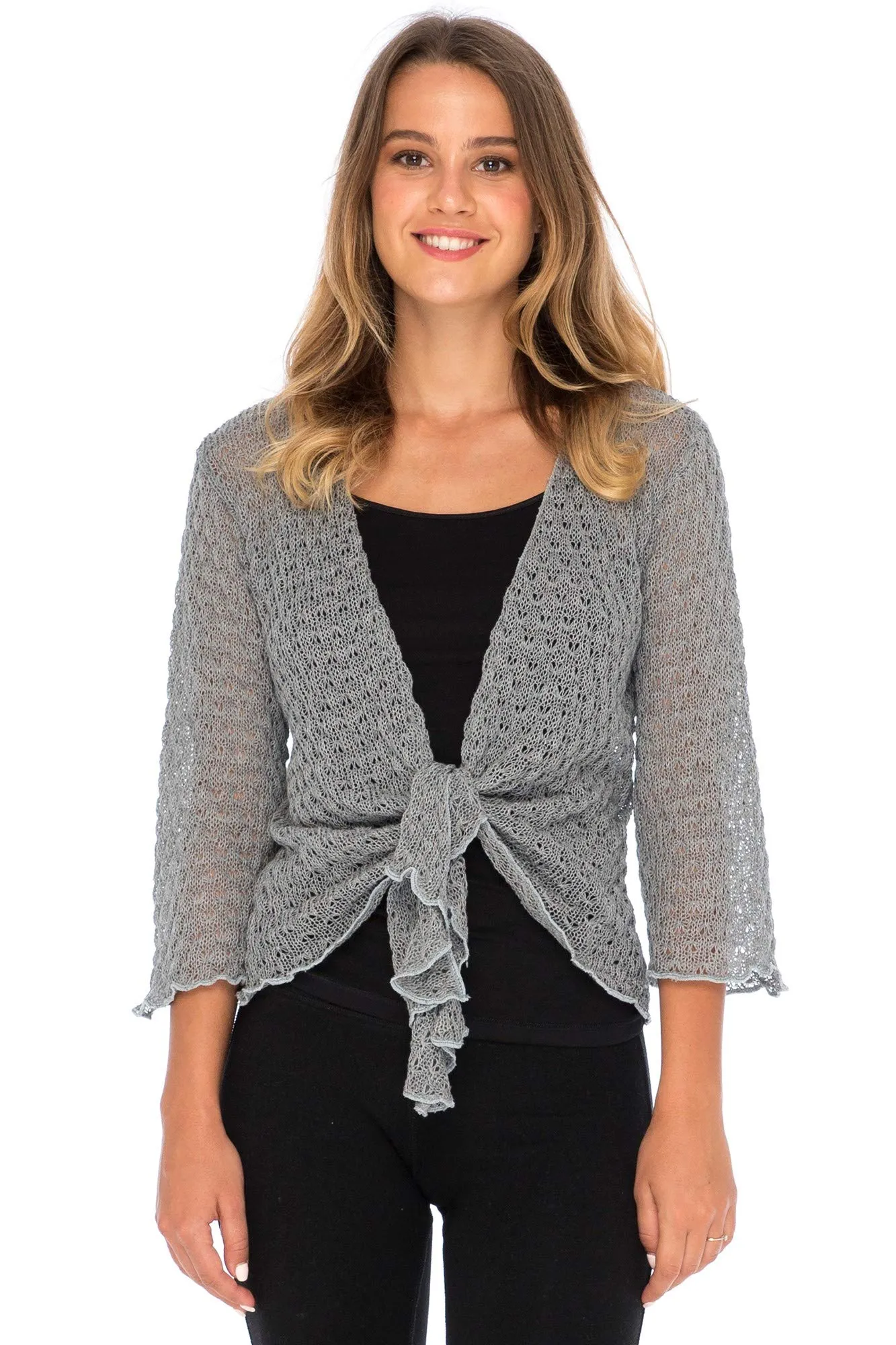 Back From Bali Womens Shrug Cardigan Bolero 100% Cotton Lightweight Knit Sweater Tie Front