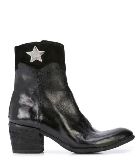 Black Leather Round Toe Boot W/ Silver Star Detail