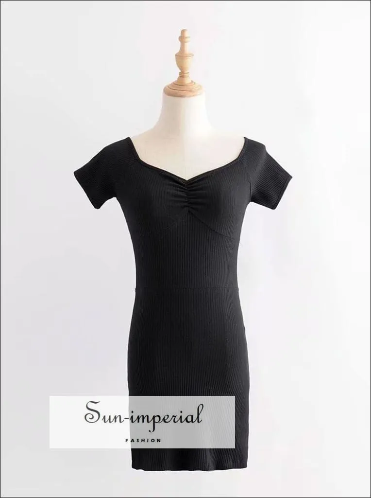 Black off the Shoulder Bodycion Sweetheart Neck Ribbed Mini Dress Short Sleeve