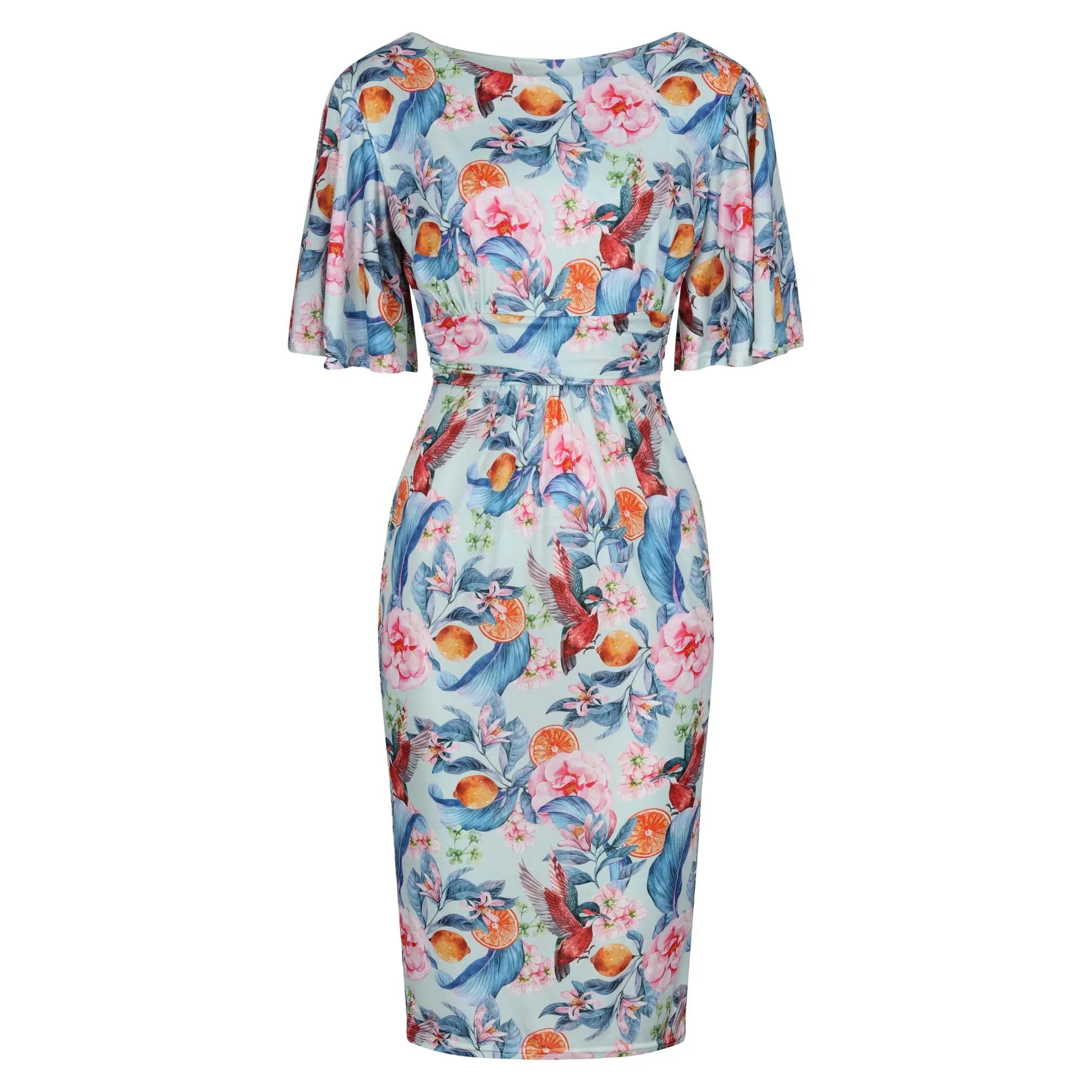 Blue Tropical Floral Fruit Print Waterfall Sleeve Bodycon Pencil Dress