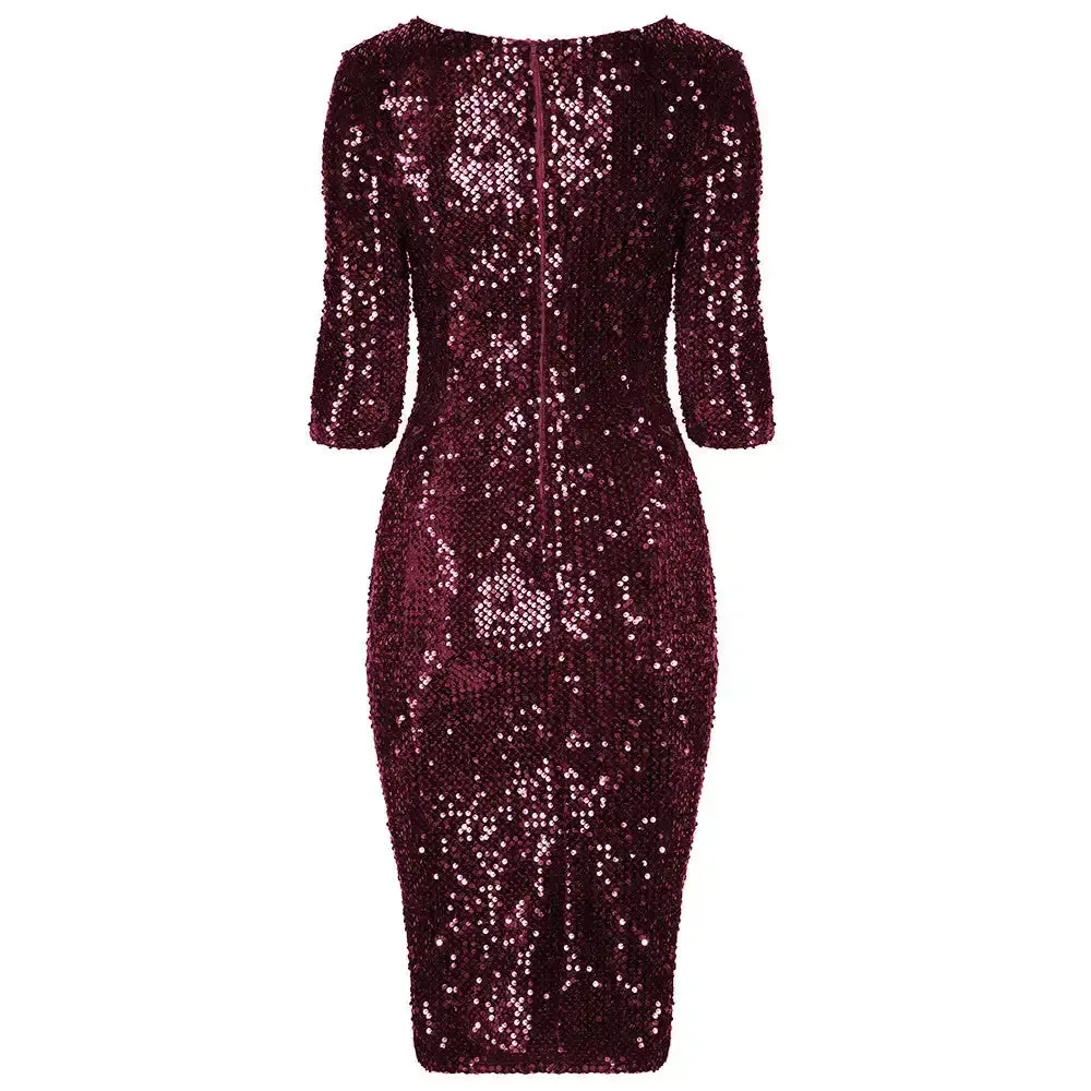 Claret Wine Red Velour Sequin Wiggle Dress