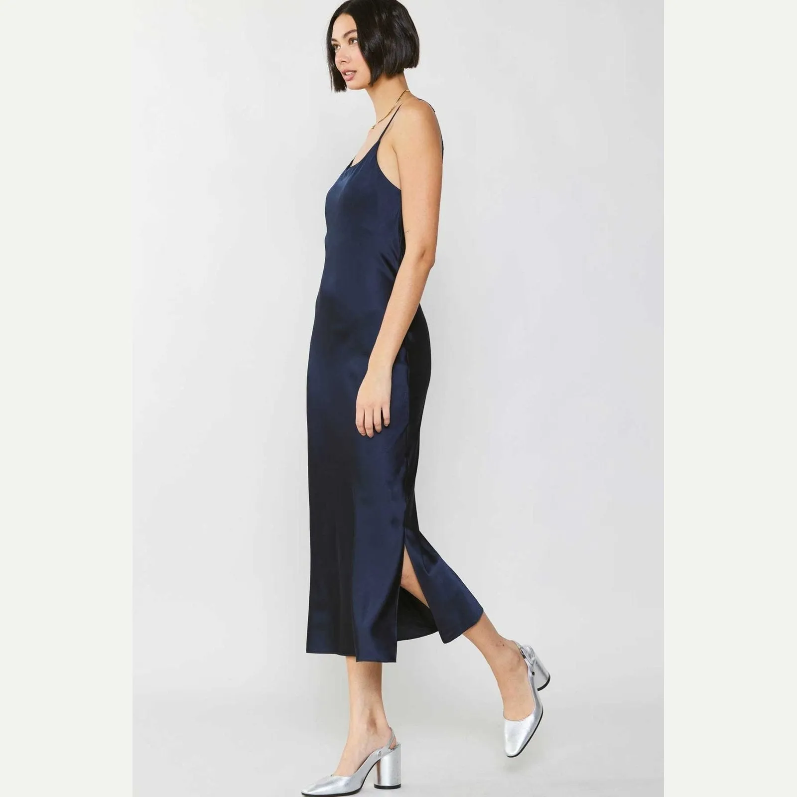 Current Air Silk Bias Strappy Midi Dress in Navy