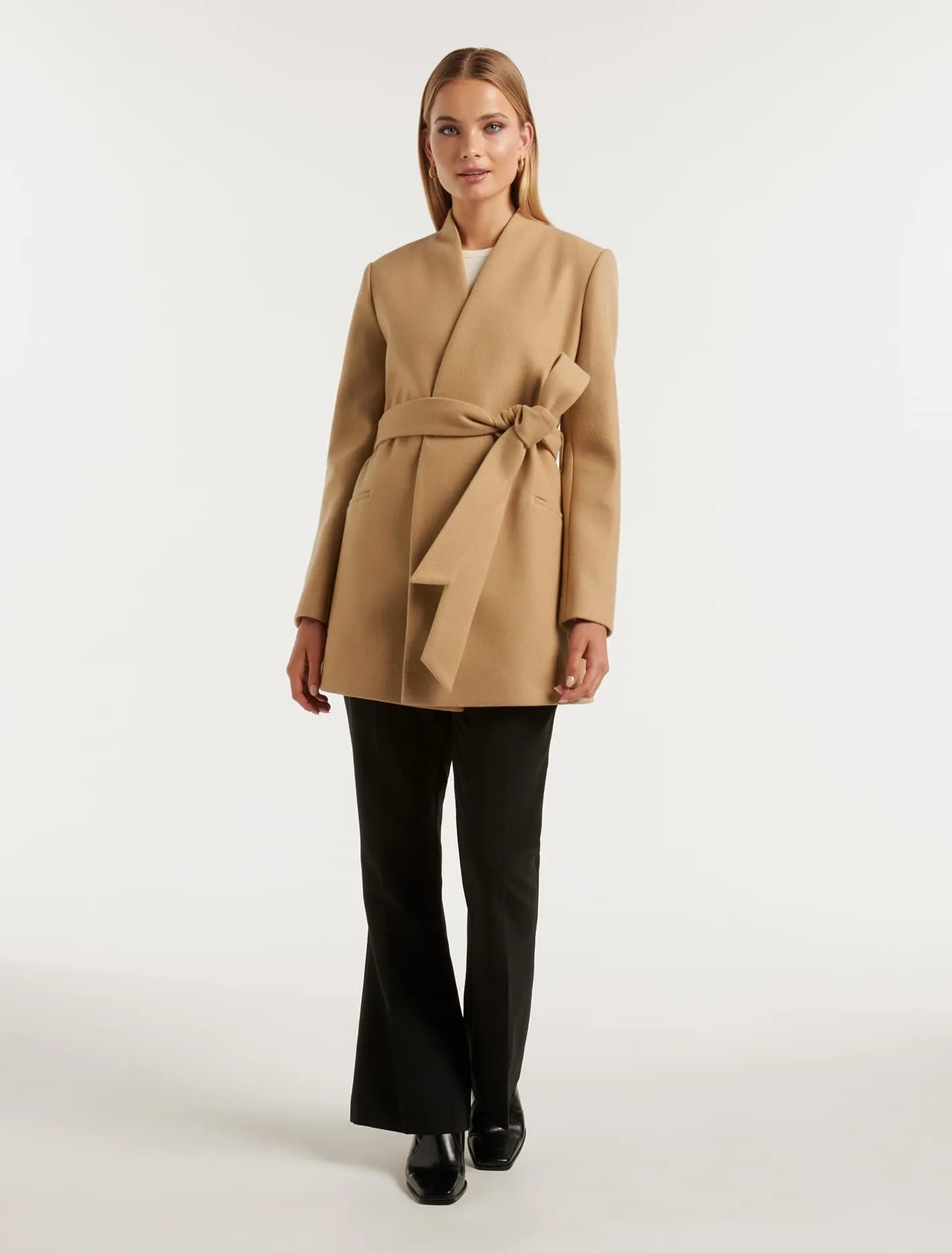 Faye Belted Collarless Coat