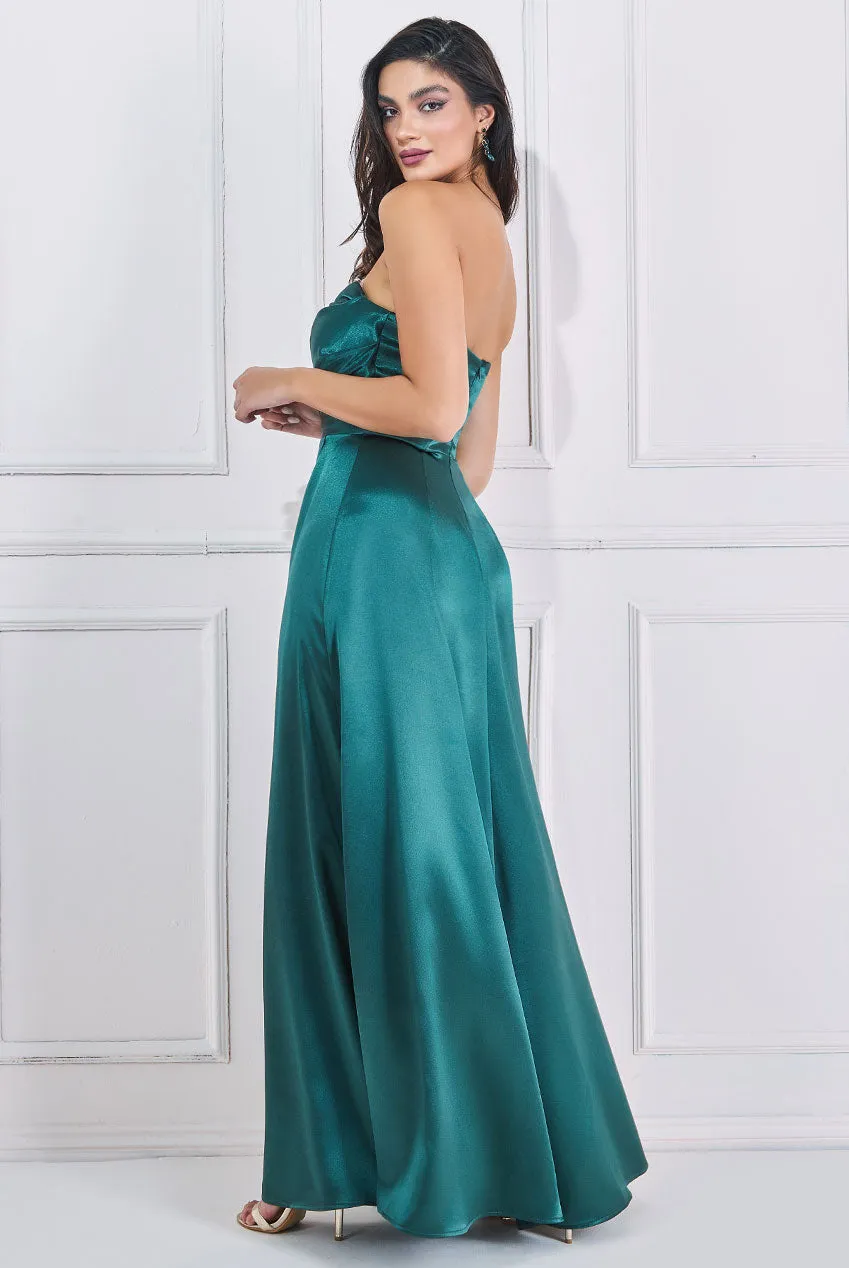 Goddiva Front Split Satin Bandeau Maxi Dress