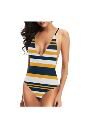 Gold & Blue Stripe Sexy Lacing Backless One-Piece Swimsuit