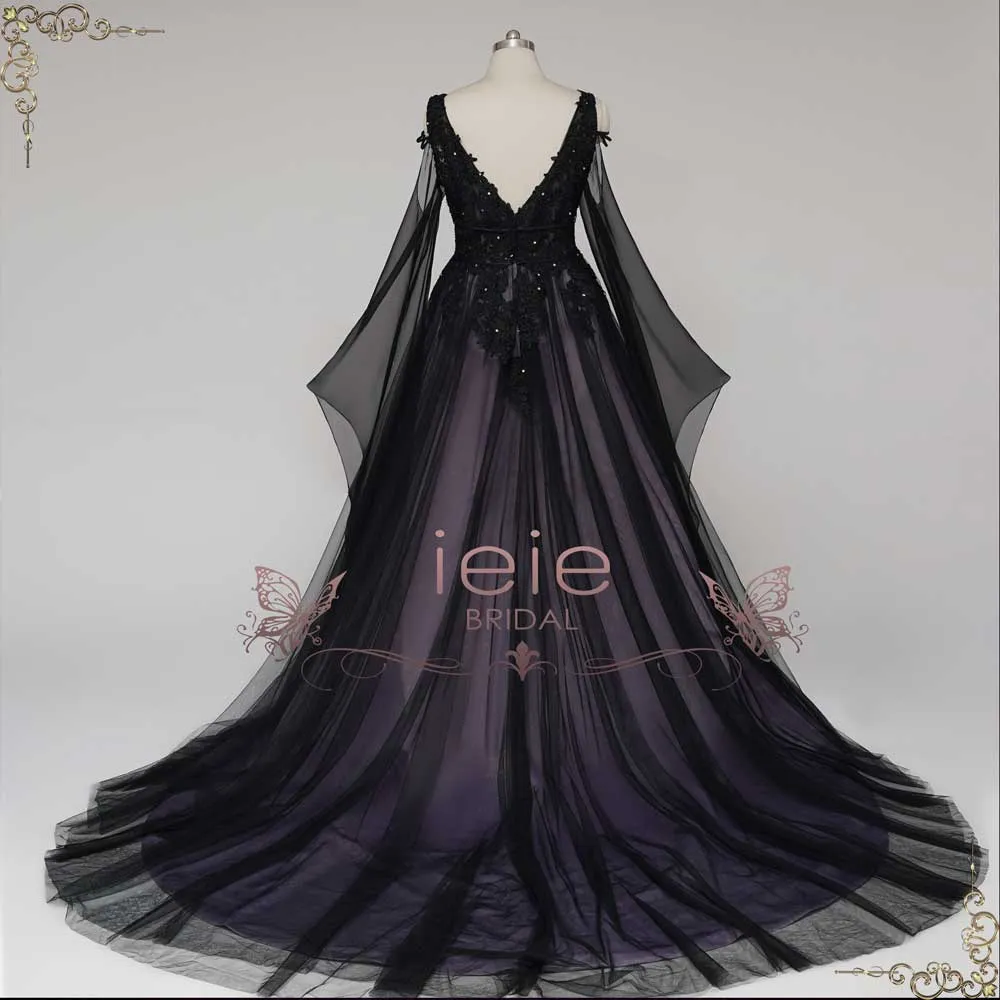 Gothic Black Lace Wedding Dress with Bell Sleeves | ELVIRA