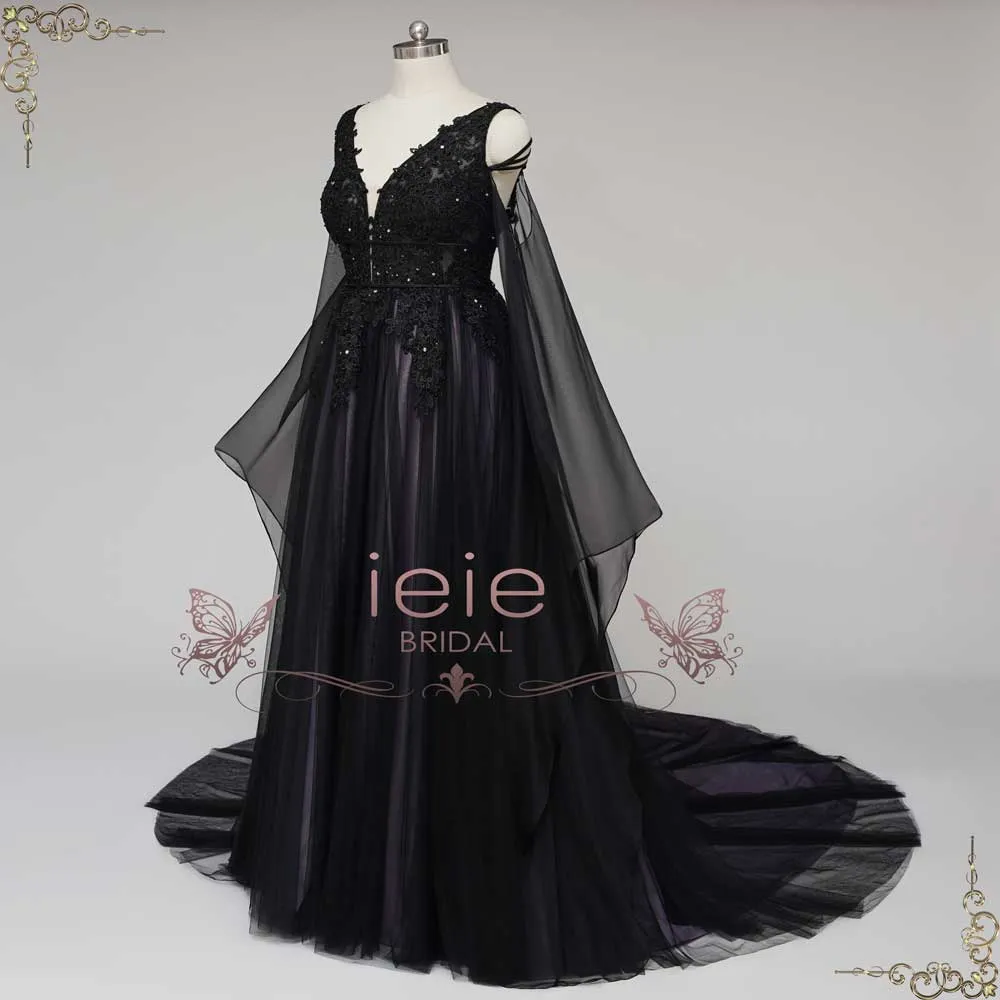 Gothic Black Lace Wedding Dress with Bell Sleeves | ELVIRA