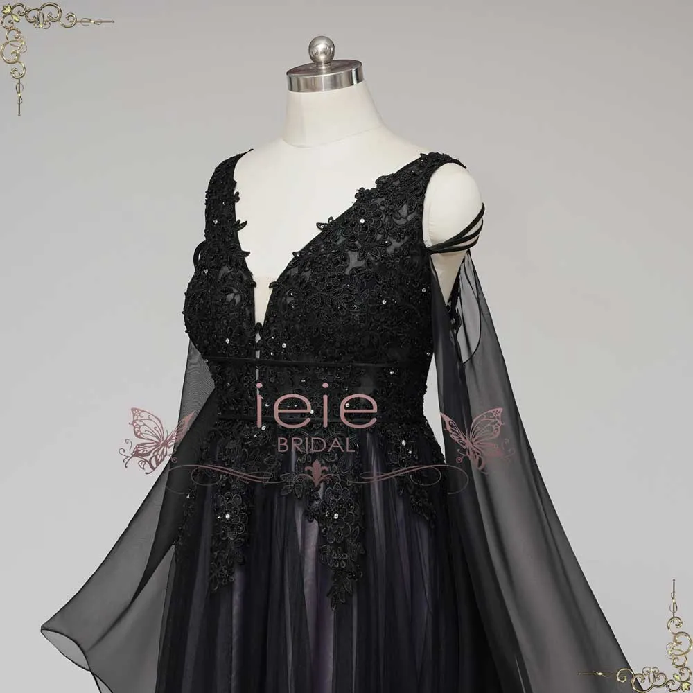 Gothic Black Lace Wedding Dress with Bell Sleeves | ELVIRA