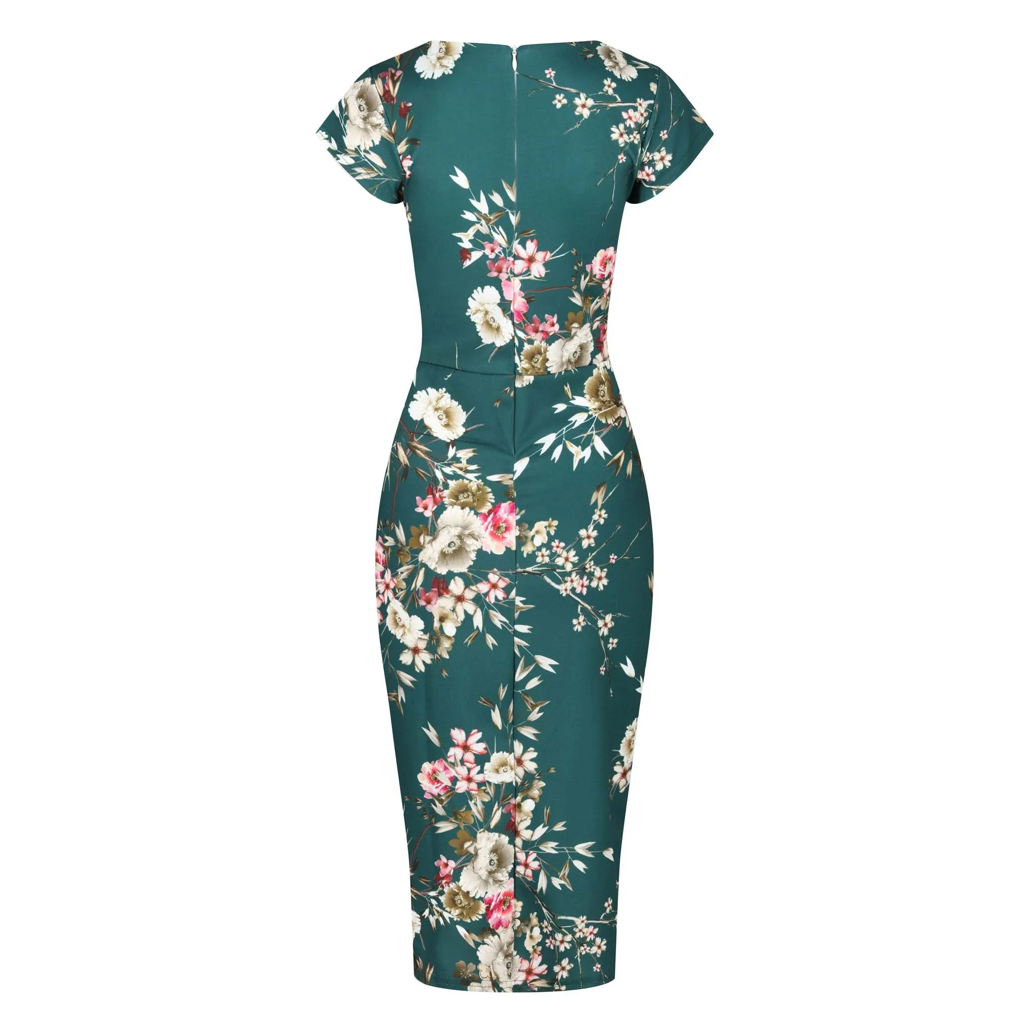 Green Floral Print Cap Sleeve V Neck 40s Style Wiggle Dress