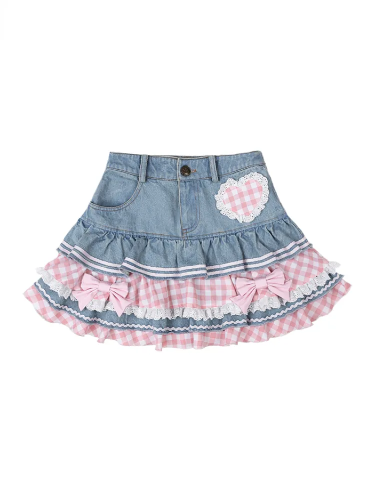 Lolita Gothic Lace Plaid Hearts Ruffles Jk Denim Skirt SP18367