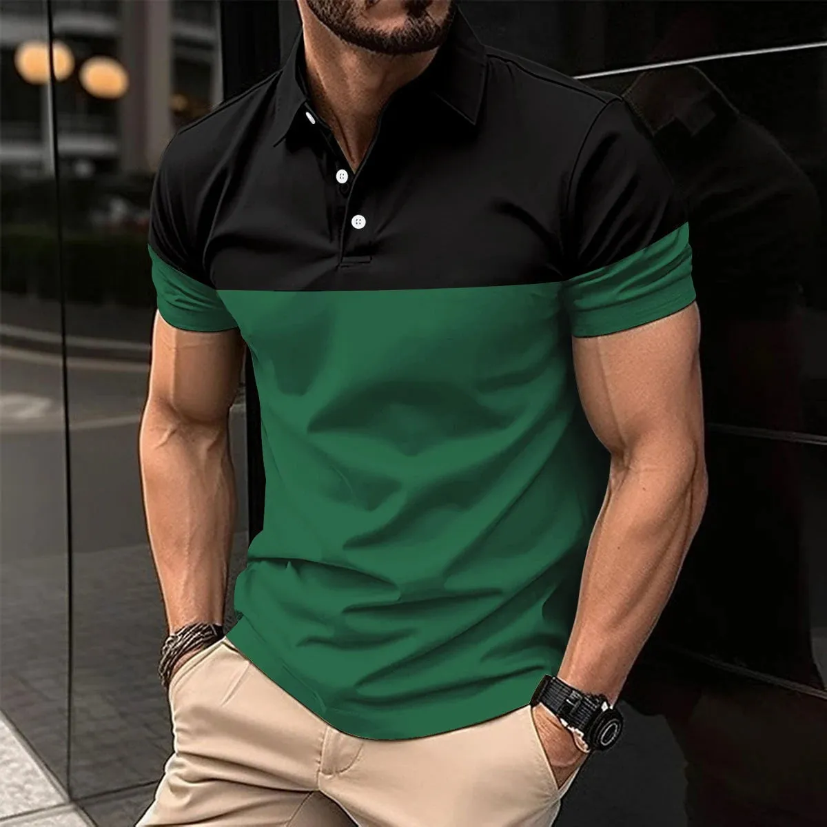 Men's casual short-sleeved  shirt  lapel button down shirt men's breathable T-shirt double color top