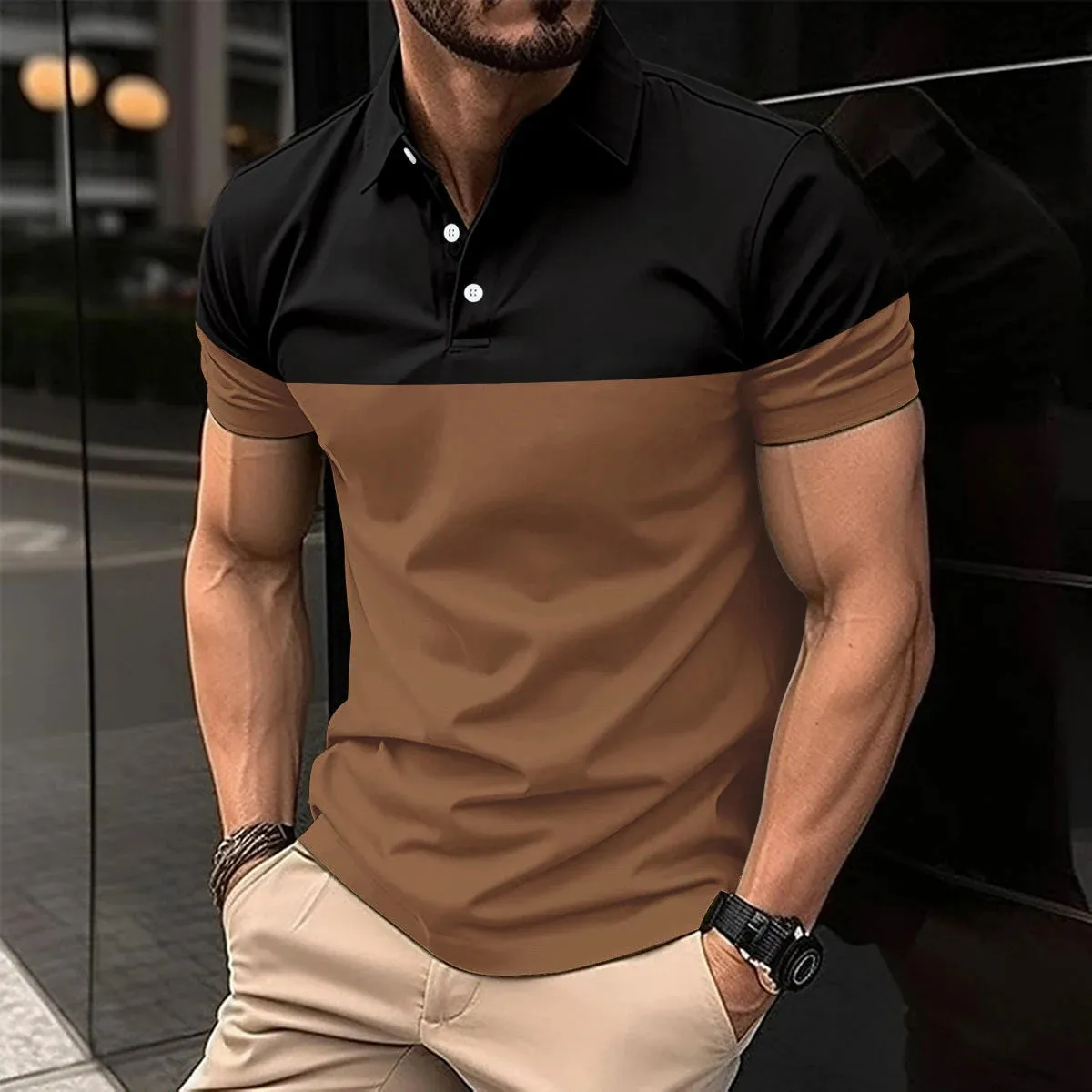 Men's casual short-sleeved  shirt  lapel button down shirt men's breathable T-shirt double color top