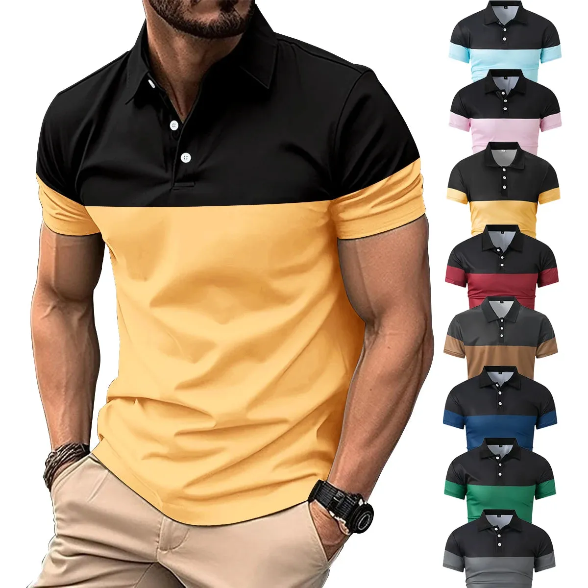 Men's casual short-sleeved  shirt  lapel button down shirt men's breathable T-shirt double color top