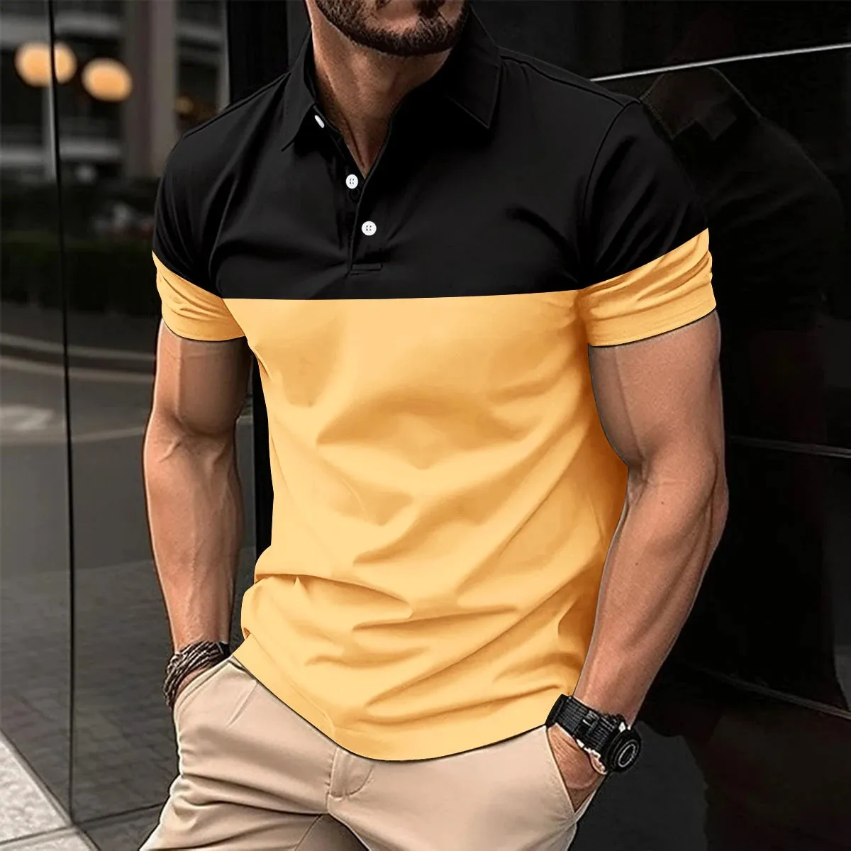 Men's casual short-sleeved  shirt  lapel button down shirt men's breathable T-shirt double color top