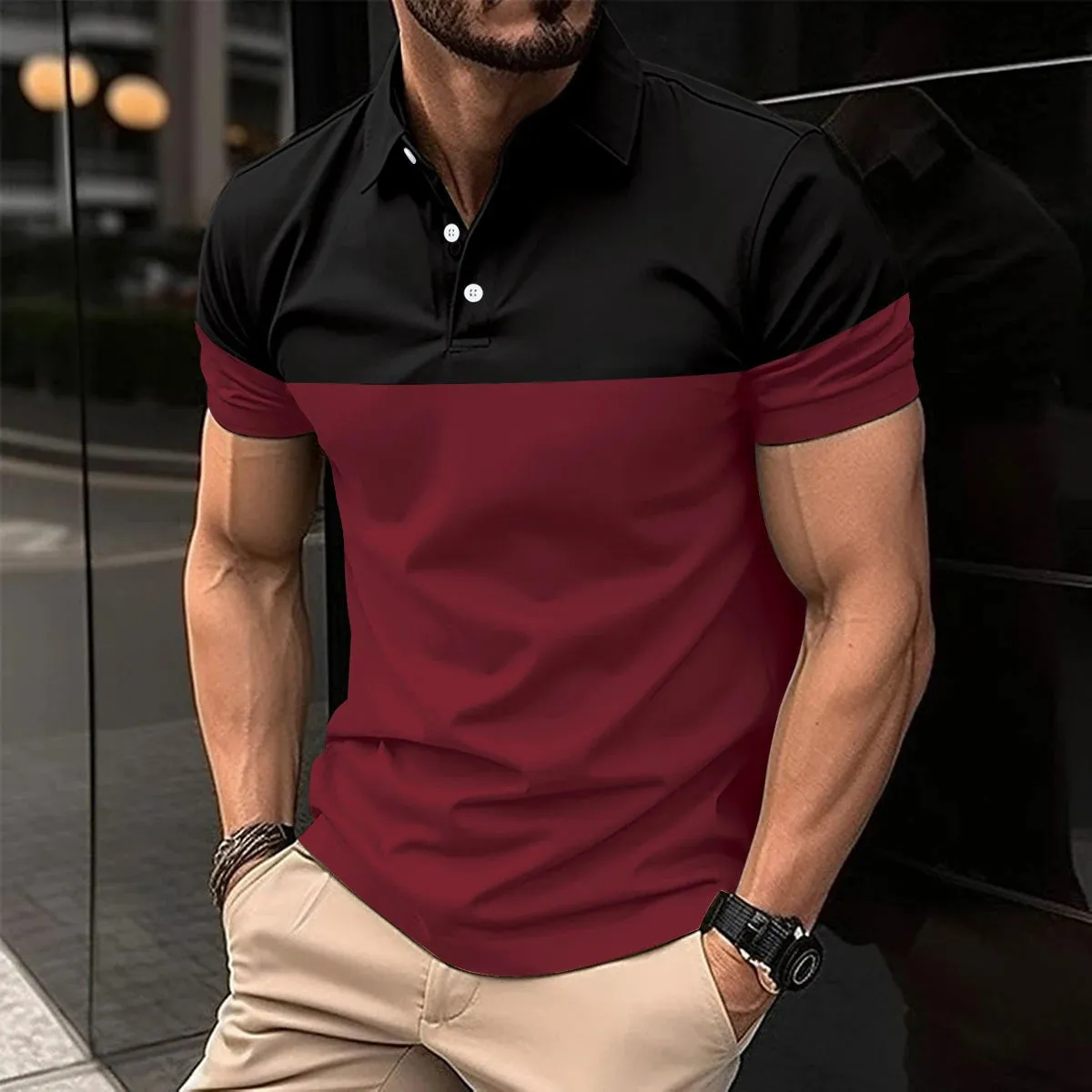 Men's casual short-sleeved  shirt  lapel button down shirt men's breathable T-shirt double color top