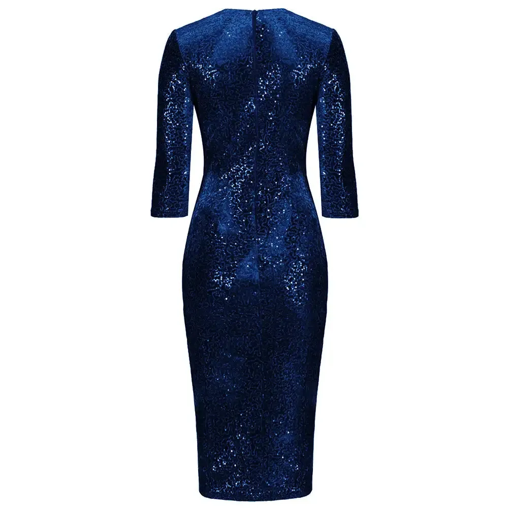 Navy Blue 3/4 Sleeve V Neck Velour Sequin Pencil Wiggle Dress