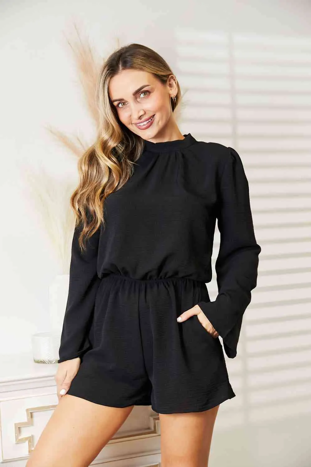 Open Back Romper with Pockets in Black