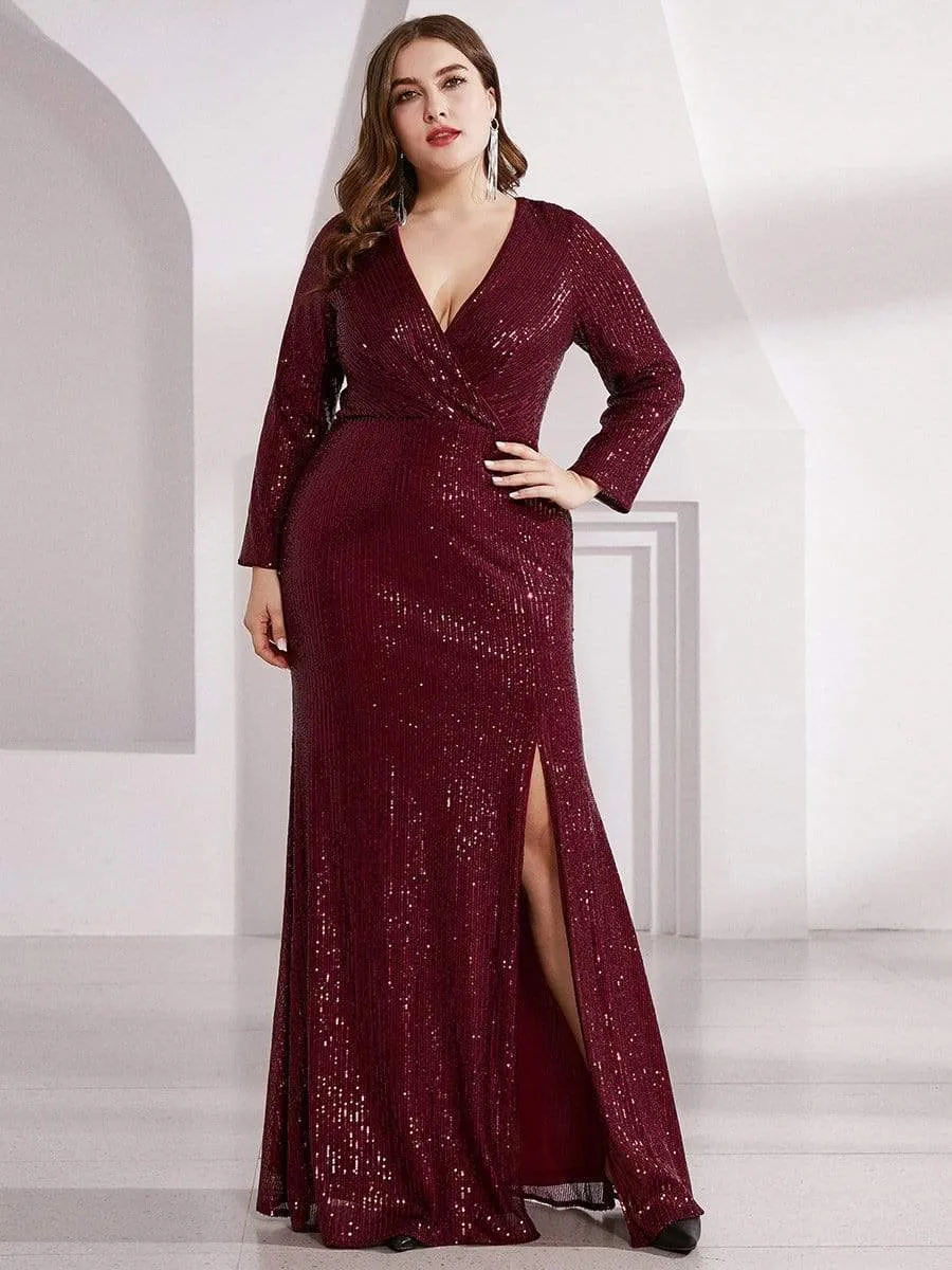 Plus Size Sexy Deep V-Neck Sequin Bodice Formal Evening Gowns