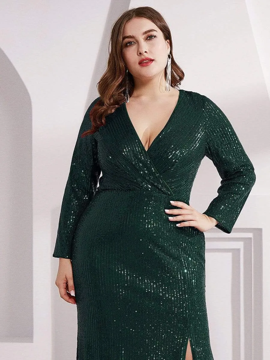 Plus Size Sexy Deep V-Neck Sequin Bodice Formal Evening Gowns