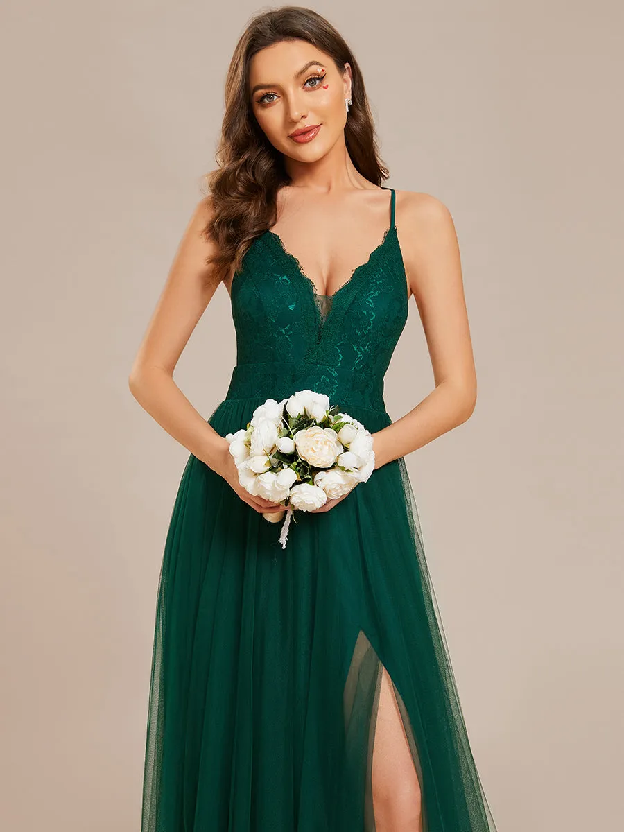 Sleeveless Embroidery Floor Length V Neck Wholesale Evening Dress with Spaghetti Straps