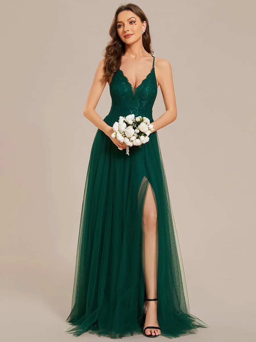 Sleeveless Embroidery Floor Length V Neck Wholesale Evening Dress with Spaghetti Straps