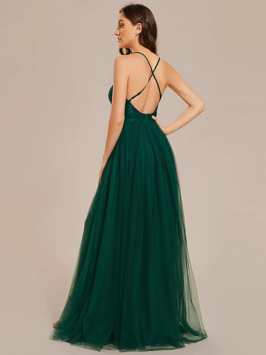 Sleeveless Embroidery Floor Length V Neck Wholesale Evening Dress with Spaghetti Straps