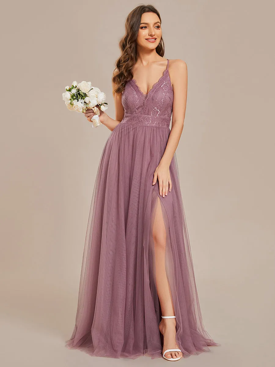 Sleeveless Embroidery Floor Length V Neck Wholesale Evening Dress with Spaghetti Straps